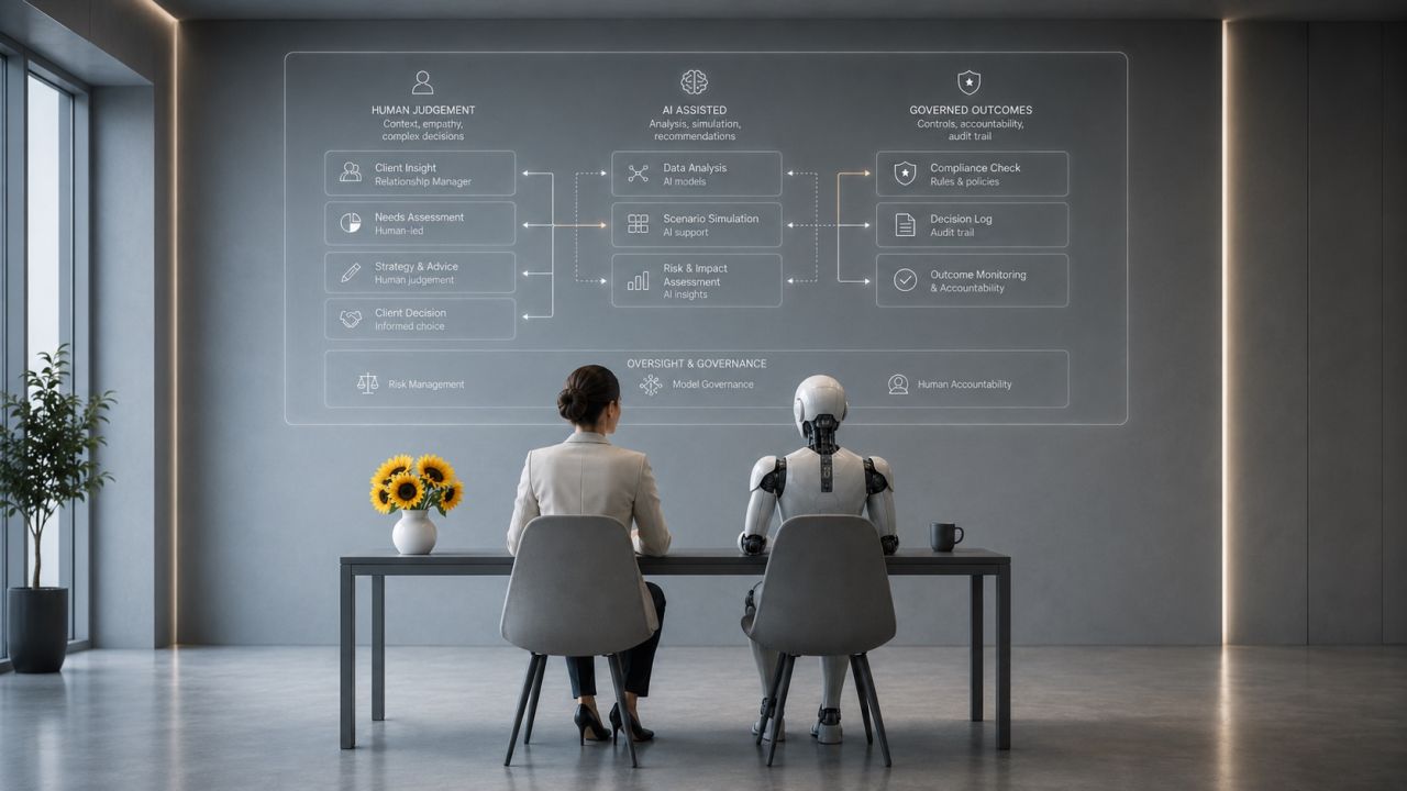 Executive and AI assistant reviewing a governed decision flow: human judgement, AI-assisted analysis and governed outcomes.