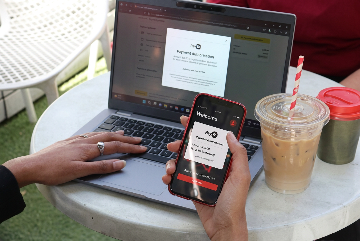 PayTo in use: a customer authorises a real-time payment on a phone beside a laptop on an outdoor table.